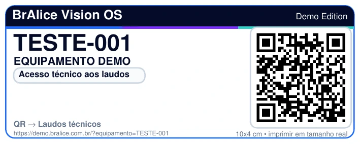 Etiqueta BrAlice Vision OS Demo Edition do equipamento TESTE-001 com QR Code