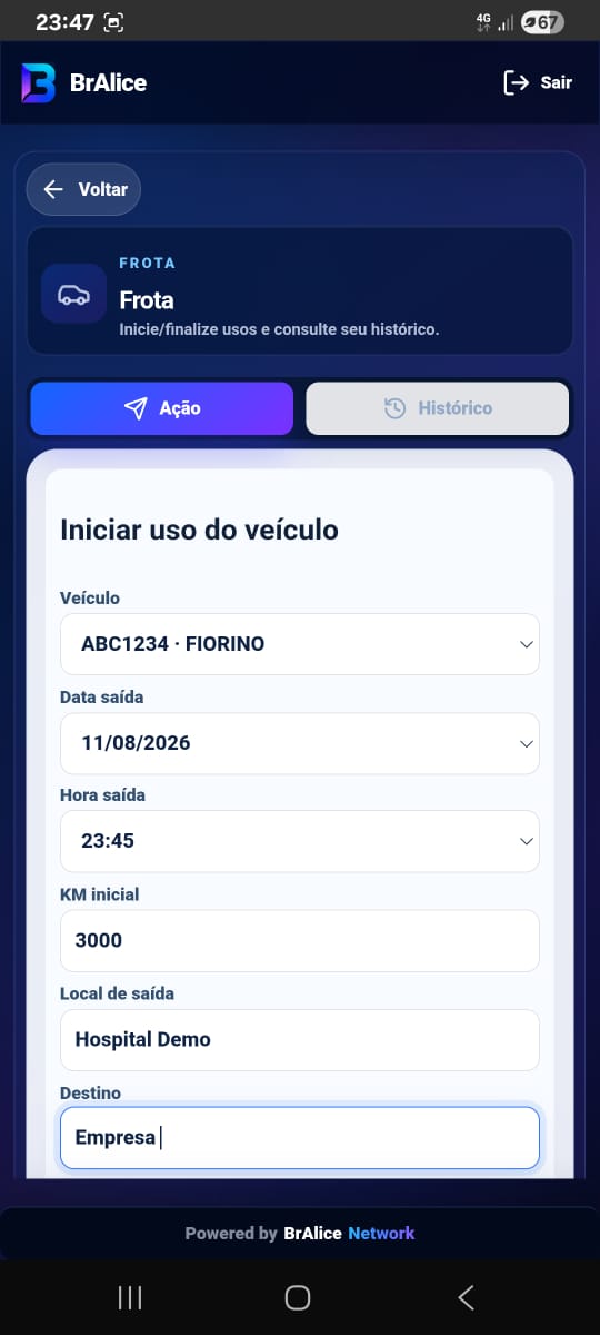 Tela real completa da ação da Frota no BrAlice App