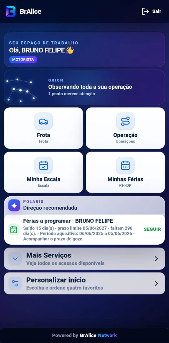 Página inicial real do BrAlice App para motorista